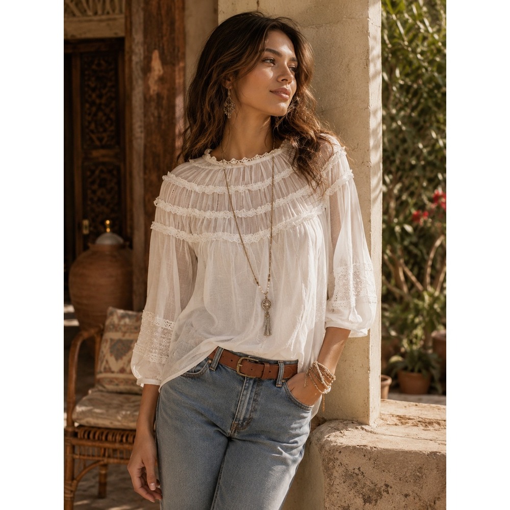 Sundance White Sheer Lace Trim Ruffle Peasant Blouse Boho Top Large